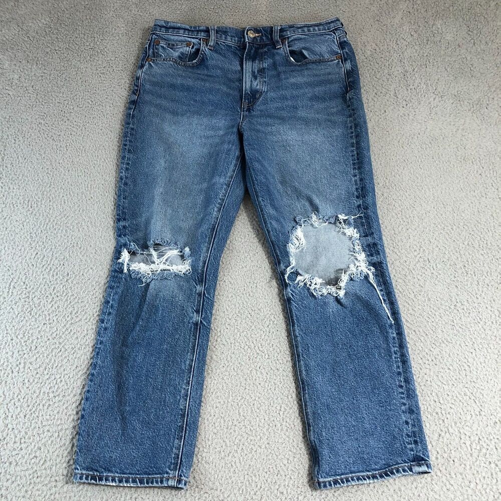 American Eagle Jeans Womens 8 Blue Distressed Straight Stretch Preppy TRASHED